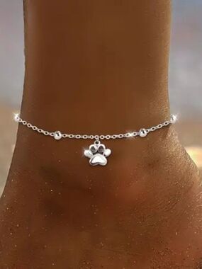 NWT Silver Plate Beaded Paw Print Anklet Charm Bracelet Animal Lover Gift